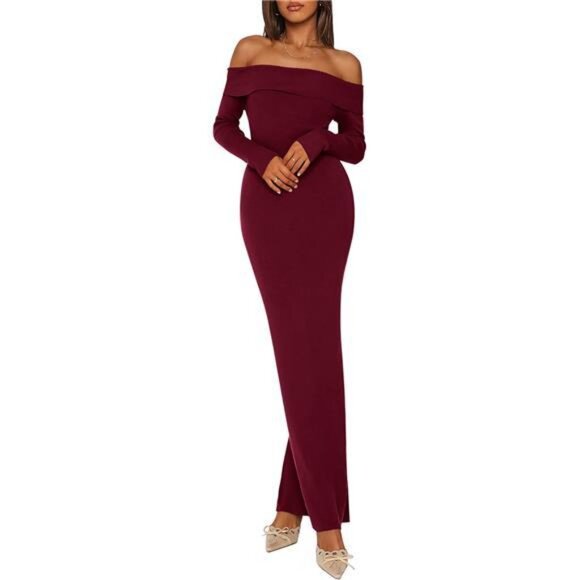 Women's Sweater Dress Long Sleeve Off Shoulder Wine Red - Picture 1 of 6